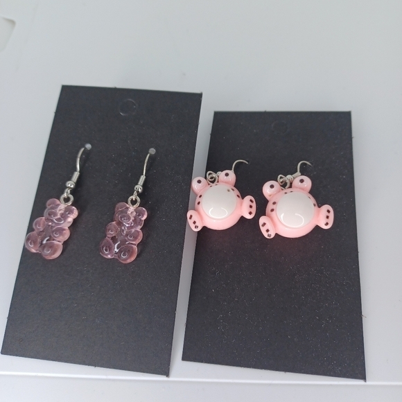 Handmade Jewelry - Handmade Pink Bear and Frog Earrings Set